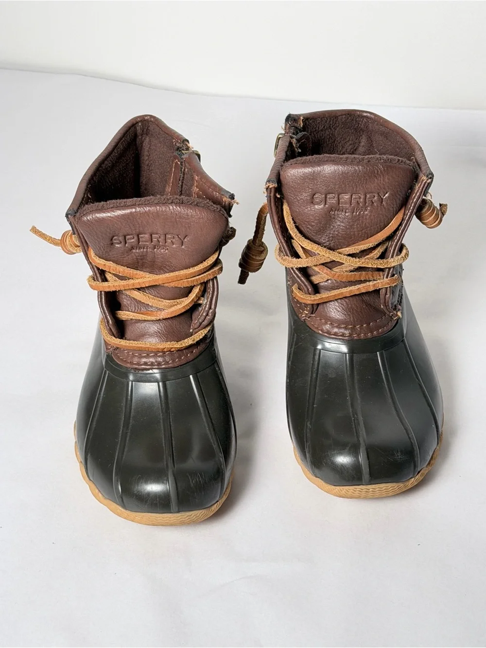 Sperry Kids Brown Leather & Black Rubber Rain Boots with Tan Laces